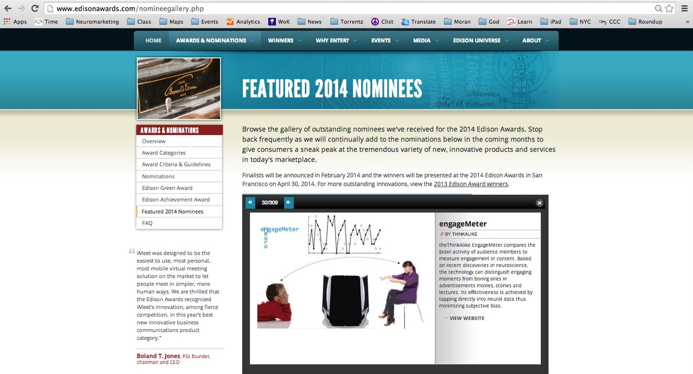 ThinkAlike's engageMeter, based on Prof. Cerf's research, nominated for the 2014 Edison Awards.