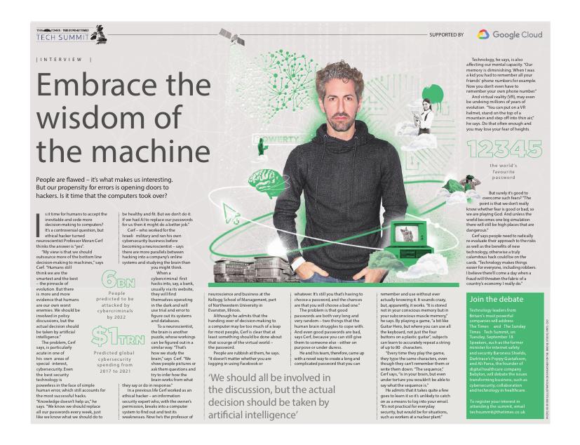 Prof. Cerf interviewed in The Times / The Sunday Times Tech Summit supplement: "Embrace the wisdom of the machine".