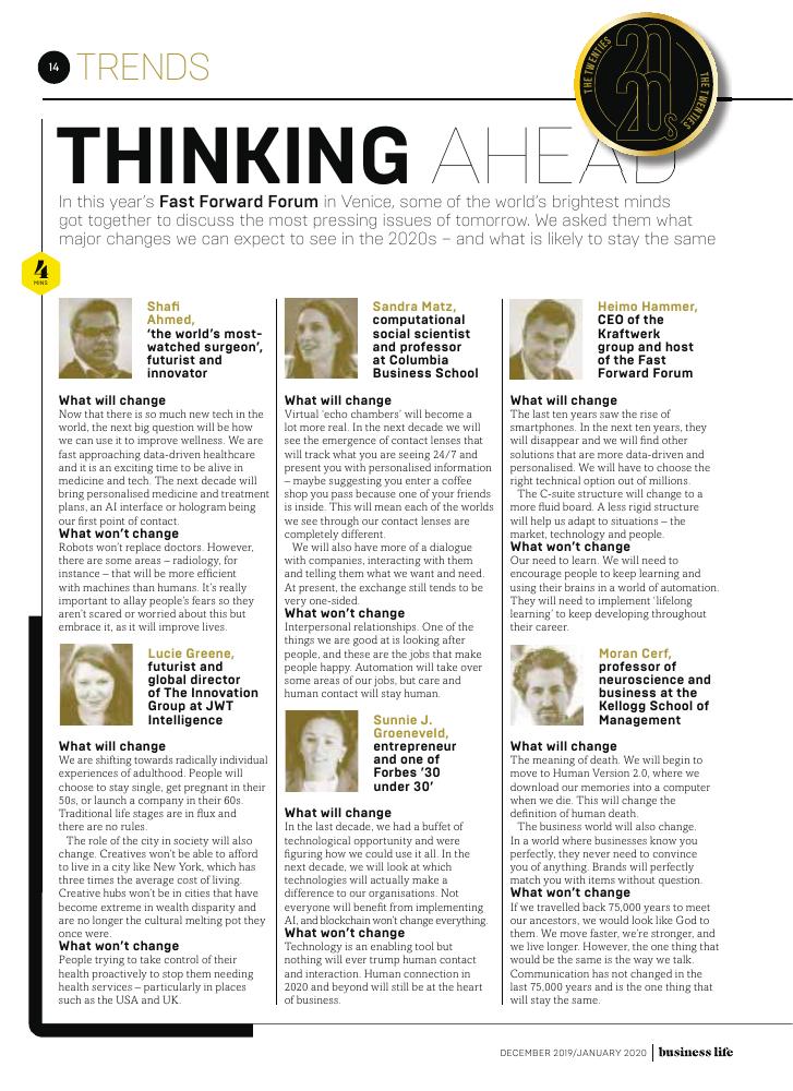 Prof. Cerf shares predictions for the 2020s in British Airways' magazine, following the Fast Forward Forum in Venice.